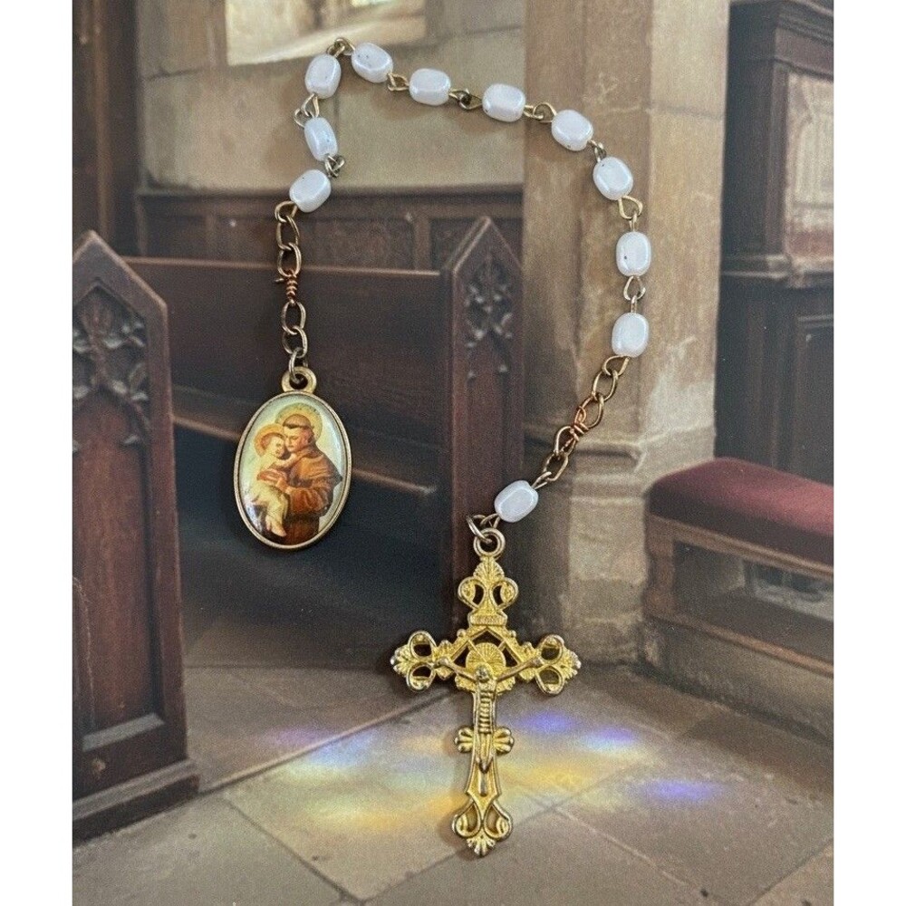 Vintage Gold Tone Rosary Cross Pearl Beads Medal Pray For Us Catholic